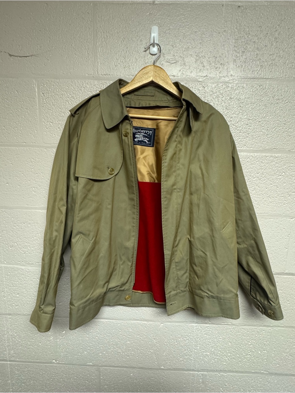 Vintage Burberrys Olive Green Military Field Jacket with removable Red Lining